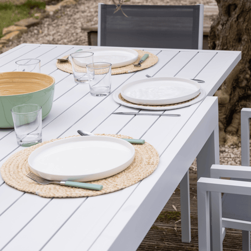 Conjunto de jardín extensible VENEZIA 180-300 en textileno gris 10 plazas - aluminio blanco