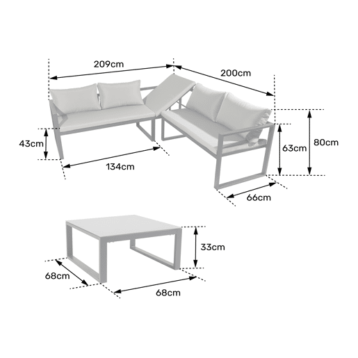 Conjunto de jardín ajustable IBIZA tela gris 4 plazas - aluminio blanco