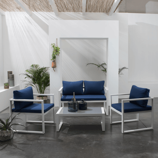 Conjunto de jardín IBIZA tela azul 4 plazas - aluminio blanco