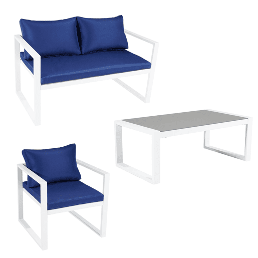 Conjunto de jardín IBIZA tela azul 4 plazas - aluminio blanco