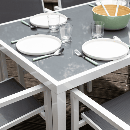 Conjunto de jardín BERGAMO en textileno gris 6 plazas - aluminio blanco