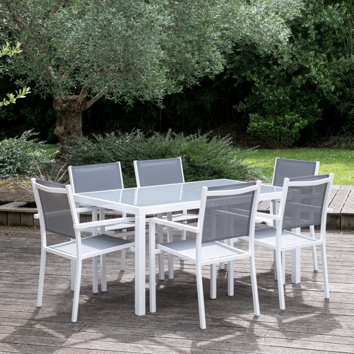 Conjunto de jardín BERGAMO en textileno gris 6 plazas - aluminio blanco