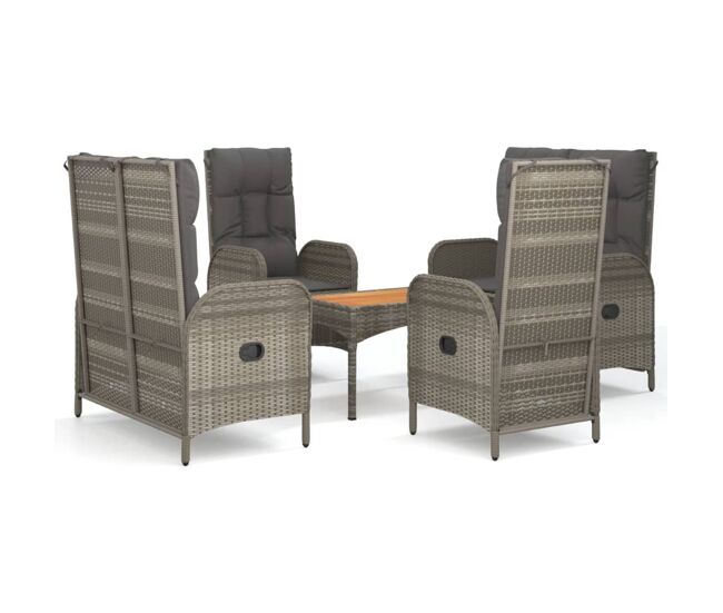 Set comedor de jardin 5 piezas con cojines ratán sintético gris 2x banco + 2x sillas + mesa