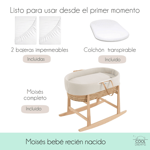 Moisés completo para bebê (roupa de algodão Gofre Renard + colchão perfurado + estrutura de balanço + brinde: 2 lençóis impermeáveis)