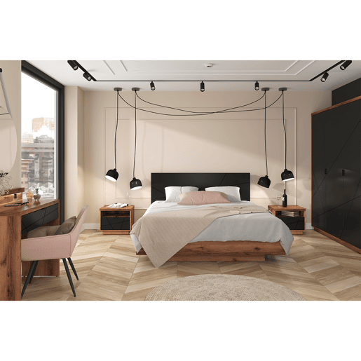 Cama baú Sven preto e madeira 160x200 com base ripas
