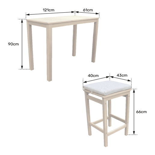 Conjunto de mesa alta y 4 taburetes ARUBA 4 plazas de acacia - cojines arena
