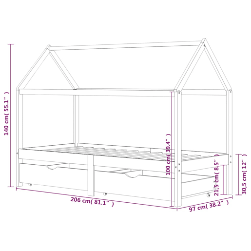 vidaXL Cama p crianças c gavetas 90x200 cm pinho maciço cinza-escuro
