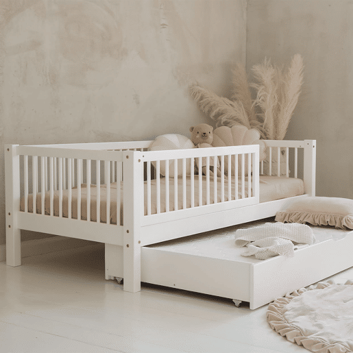 Cama 90x190 com barreira base de ripas e gaveta incluídas Sybil Branco