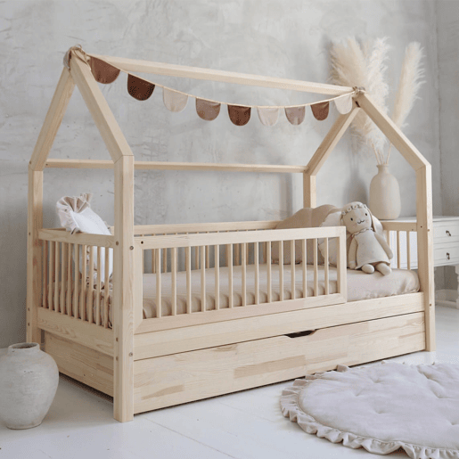 Cama cabana 90x190 com barreira base de ripas e gaveta incluídas Florie Bois