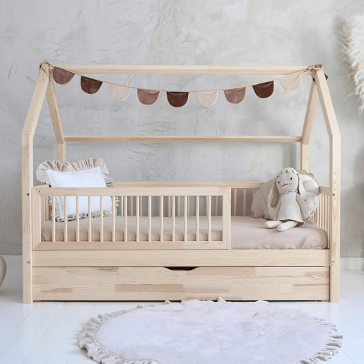 Cama cabana 90x190 com barreira base de ripas e gaveta incluídas Florie Bois