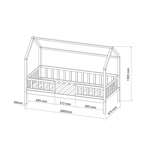 Cama casinha com grade + madeira de pinho 90x190cm
