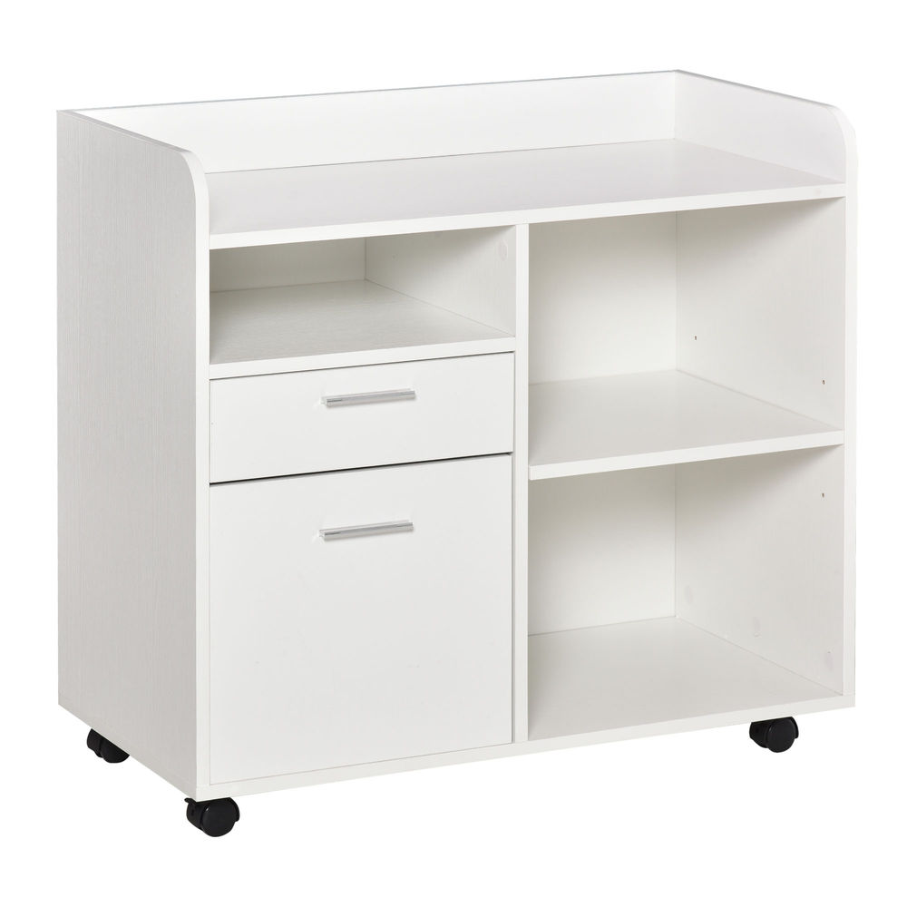Vinsetto mueble de impresora carro multifuncional de oficina con 3 compartimentos 2 cajones para archivos estante ajustable ruedas con 2 frenos 80x40x72 cm blanco