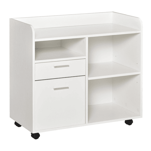 Vinsetto Armário para Impressora Armário Multifuncional de Escritório com 3 Compartimentos 2 Gavetas para Arquivos Prateleira Ajustável 2 Rodas com Freios 80x40x72 cm Branco