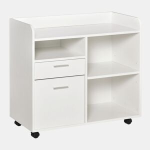 Vinsetto Armário para Impressora Armário Multifuncional de Escritório com 3 Compartimentos 2 Gavetas para Arquivos Prateleira Ajustável 2 Rodas com Freios 80x40x72 cm Branco