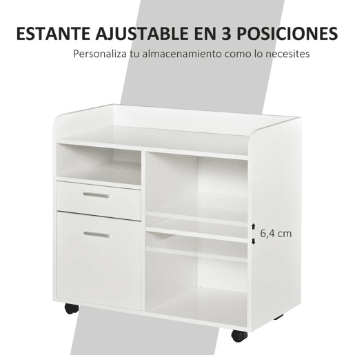 Vinsetto Armário para Impressora Armário Multifuncional de Escritório com 3 Compartimentos 2 Gavetas para Arquivos Prateleira Ajustável 2 Rodas com Freios 80x40x72 cm Branco