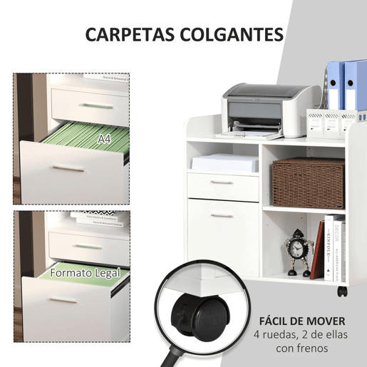 Vinsetto Armário para Impressora Armário Multifuncional de Escritório com 3 Compartimentos 2 Gavetas para Arquivos Prateleira Ajustável 2 Rodas com Freios 80x40x72 cm Branco