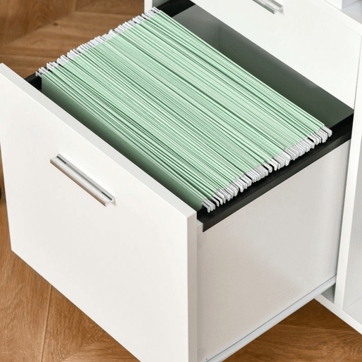 Vinsetto Armário para Impressora Armário Multifuncional de Escritório com 3 Compartimentos 2 Gavetas para Arquivos Prateleira Ajustável 2 Rodas com Freios 80x40x72 cm Branco