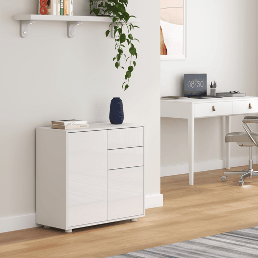 Cómoda Paarl com 2 gavetas e 2 portas 74x79x36cm Branco alto brilho en.casa