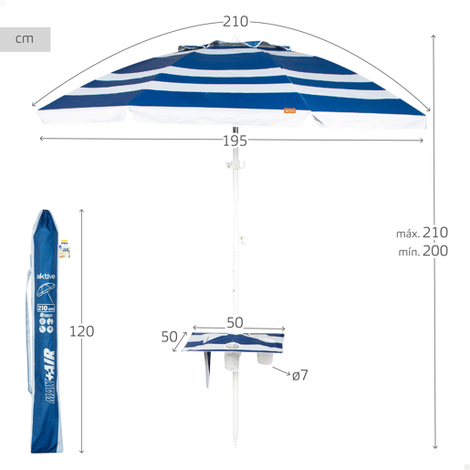 Aktive Guarda-sol de praia anti-vento 8 varetas 210 cm riscas azuis com mesa