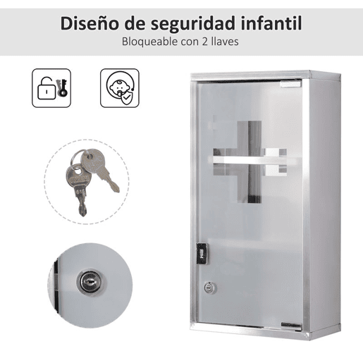 HOMCOM Armário de Medicamentos Armário de Primeiros Socorros de Aço Inoxidável com 3 Prateleiras e Fechadura 25x12x48 cm Prata