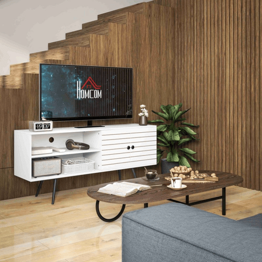 HOMCOM Móvel de TV para Televisores de até 65 Polegadas Móvel de TV para Sala com 2 Prateleiras Abertas 1 Armário com Portas e Orifícios para Cabos 145x38x65 cm Estilo Moderno Branco