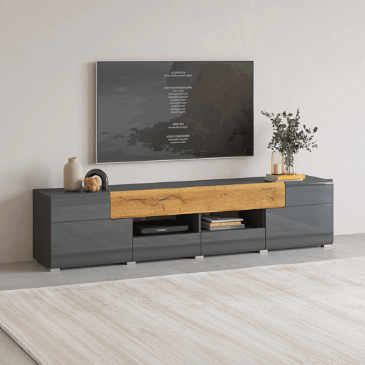 Móvel TV 2 portas 2 gavetas 208 cm Jules Cinzento e Madeira