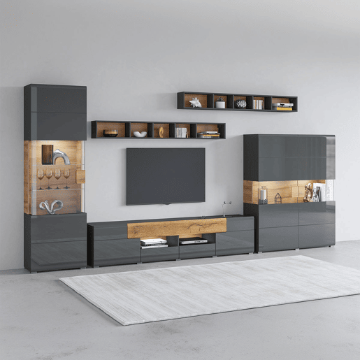 Móvel TV 2 portas 2 gavetas 208 cm Jules Cinzento e Madeira