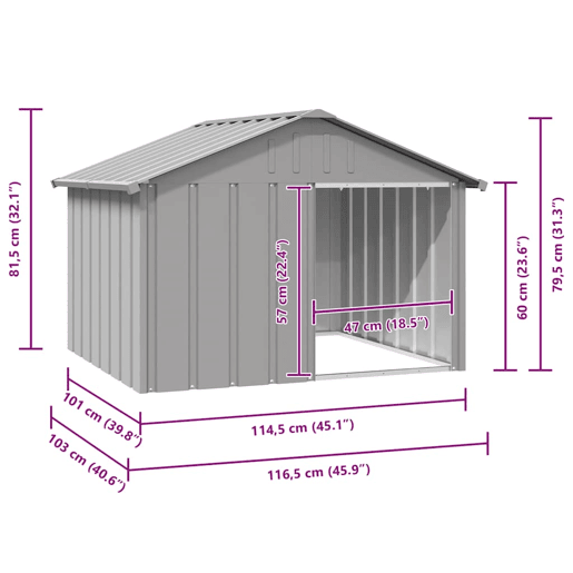 vidaXL Casota para cães 116,5x103x81,5 cm aço galvanizado cinzento