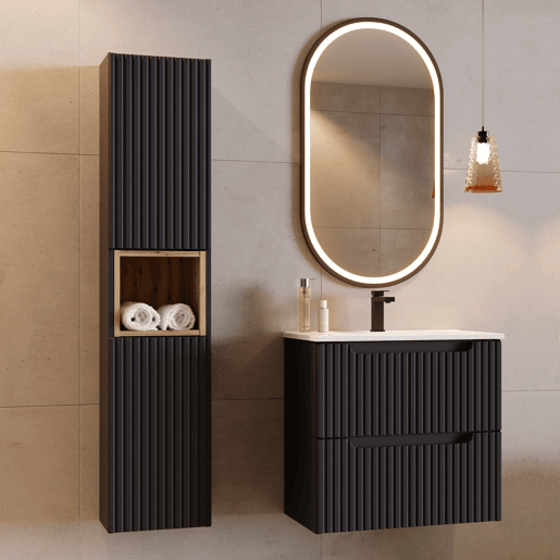 Conjunto móvel de lavatório simples encastrado 50cm 2 gavetas e coluna Riva Preto e Madeira
