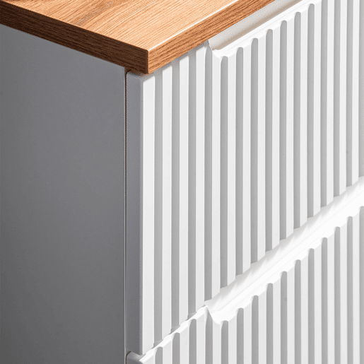 Conjunto móvel lavatório simples 80cm 2 gavetas e coluna Riva Branco e Madeira Conjunto móvel lavatório simples 80cm 2 gavetas e coluna Riva Branco e Madeira