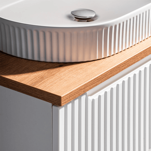 Conjunto móvel lavatório simples 60cm 2 gavetas coluna Riva Branco e Madeira Conjunto móvel lavatório simples 60cm 2 gavetas coluna Riva Branco e Madeira