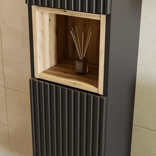 Conjunto de lavatório simples encastrado 60cm 2 gavetas e coluna Riva Preto e Madeira