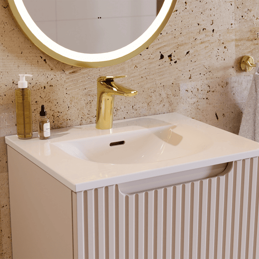 Conjunto móvel lavatório simples encastrado 60cm 2 gavetas e coluna Riva Branco e Madeira