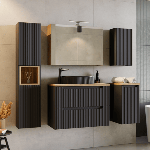 Conjunto móvel de lavatório simples 80cm 2 gavetas e coluna Riva Preto e Madeira