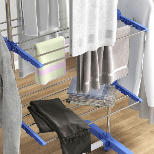 HOMCOM Estendal para Roupa Dobrável 80x55x152cm com 6 Rodas e 3 Prateleiras com Altura Ajustável de Aço Inoxidável Prata e Azul