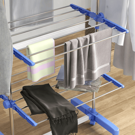 HOMCOM Estendal Vertical Dobrável de 4 Níveis Estendal de Roupa com 6 Rodas 2 Laterais Dobráveis Prateleiras Ajustáveis e Estrutura de Aço Inoxídável para Interior e Exterior Azul