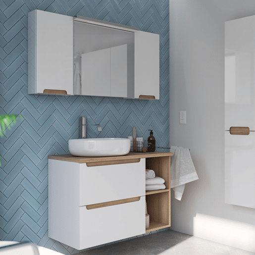 Móvel sob-lavatório 60cm 2 gavetas Livia Branco e Madeira