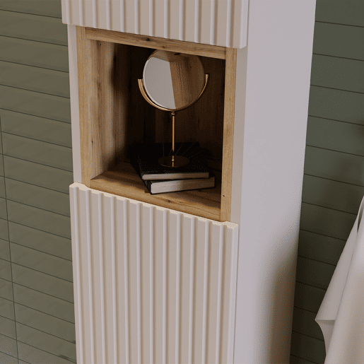 Conjunto móvel duplo lavatório 120cm 4 portas e coluna Riva Caxemira e Madeira