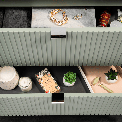 Conjunto móvel lavatório simples encastrado 60cm 2 portas e coluna Verde Jade e Madeira