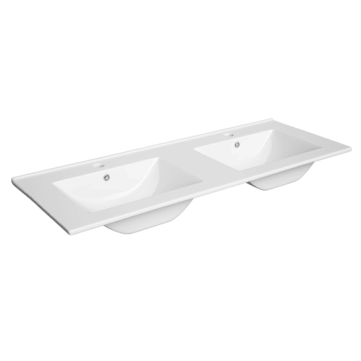 Móvel de lavatório duplo de 120 cm com 2 gavetas e móvel alto Livia branco e madeira
