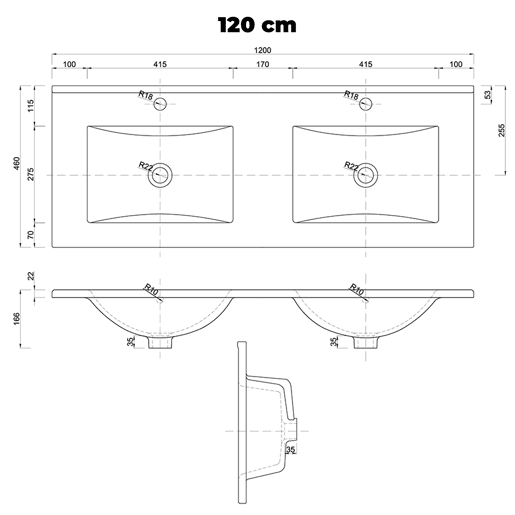 Móvel de lavatório duplo de 120 cm com 2 gavetas e móvel alto Livia branco e madeira