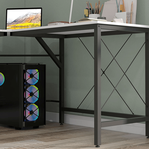 HOMCOM Secretária em Forma de L Secretária para Escritório com Estrutura de Metal Carga 70 kg Secretária de Canto para Escritório Estúdio 150x150x76 cm Branco e Preto