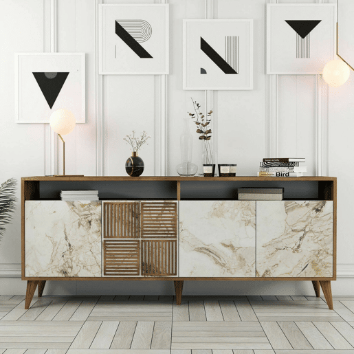 Aparador Virgem, Mesa Multiusos, Armário de Apoio, Secretária Hall, 180x35h79 cm, Nogueira e Mármore Branco