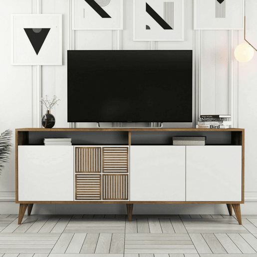 Aparador Dpogg, Mesa Multiusos, Armário de Apoio, Secretária de Corredor, 180x35h79 cm, Nogueira e Branco