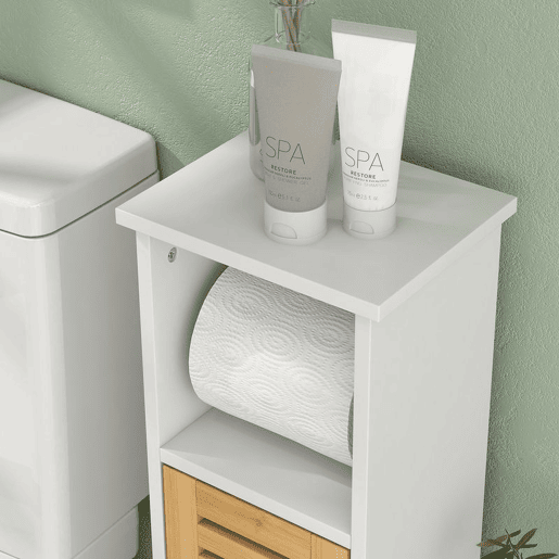 HOMCOM Coluna Casa de Banho Moderna Móvel Auxiliar Casa de Banho com Suporte para Papel Higiénico Prateleiras Ajustáveis e Porta de Bambu Anti-Tombo 21x17x78 cm Branco e Madeira