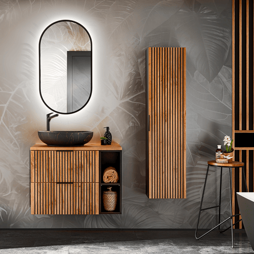 Conjunto móvel lavatório simples 80cm 2 nichos e coluna Gaia Madeira e Preto Lavatório preto