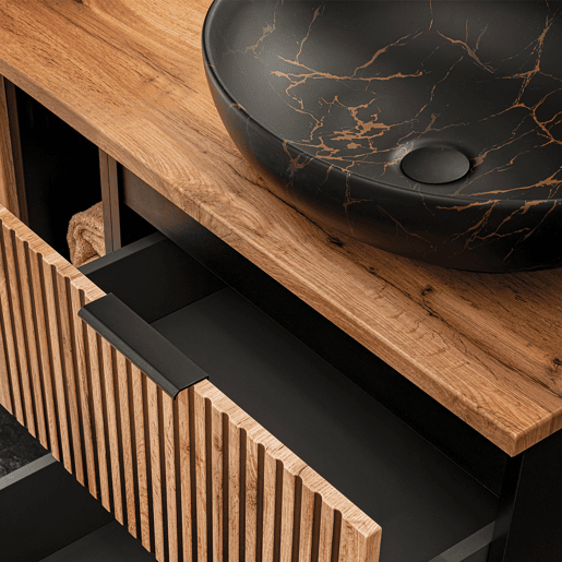 Conjunto móvel lavatório simples 80cm 2 nichos e coluna Gaia Madeira e Preto Lavatório preto