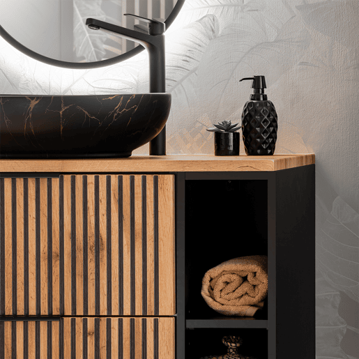 Móvel de lavatório simples 80cm 2 nichos Gaia Madeira e Preto Lavatório preto