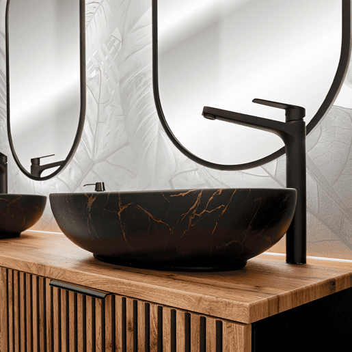 Conjunto móvel lavatório simples 100cm e coluna Gaia Madeira e Preto Lavatório preto