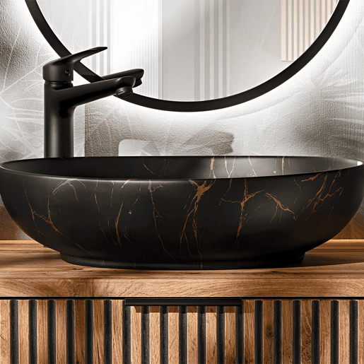 Conjunto móvel lavatório simples 100cm e coluna Gaia Madeira e Preto Lavatório preto